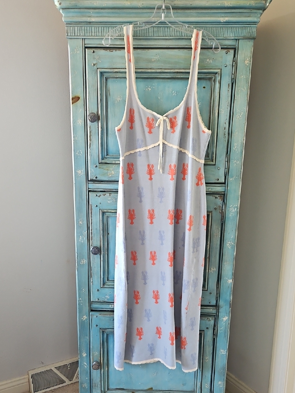 Worn 1x Light Blue Slip Dress with Orange Lobster Print and Cream Trim